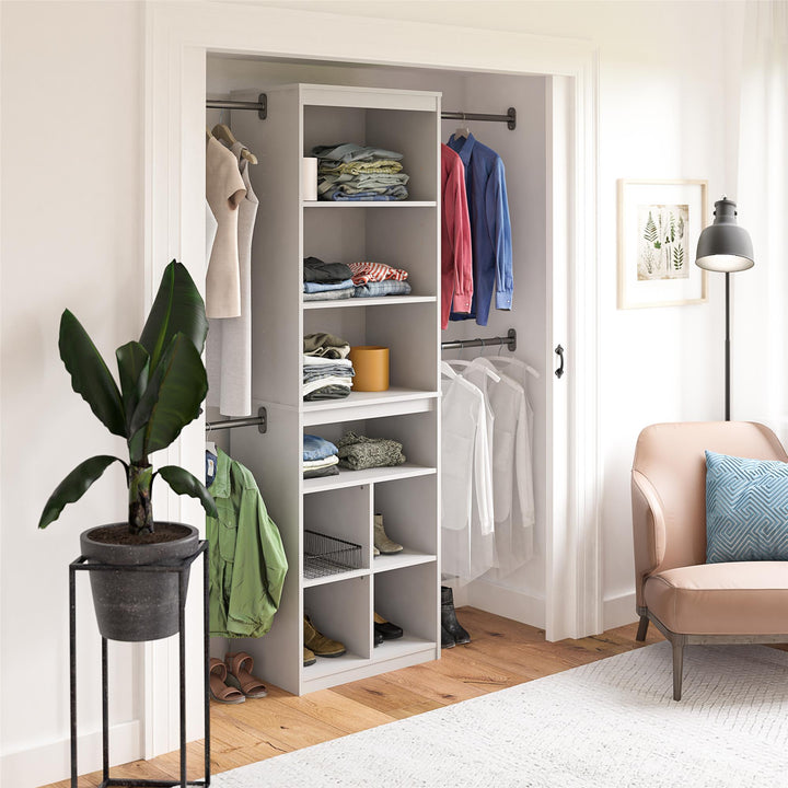 Summer Haven Closet Tower with 4 Clothing Rods, 4 Shelves and 4 Cubbies - Dove Gray