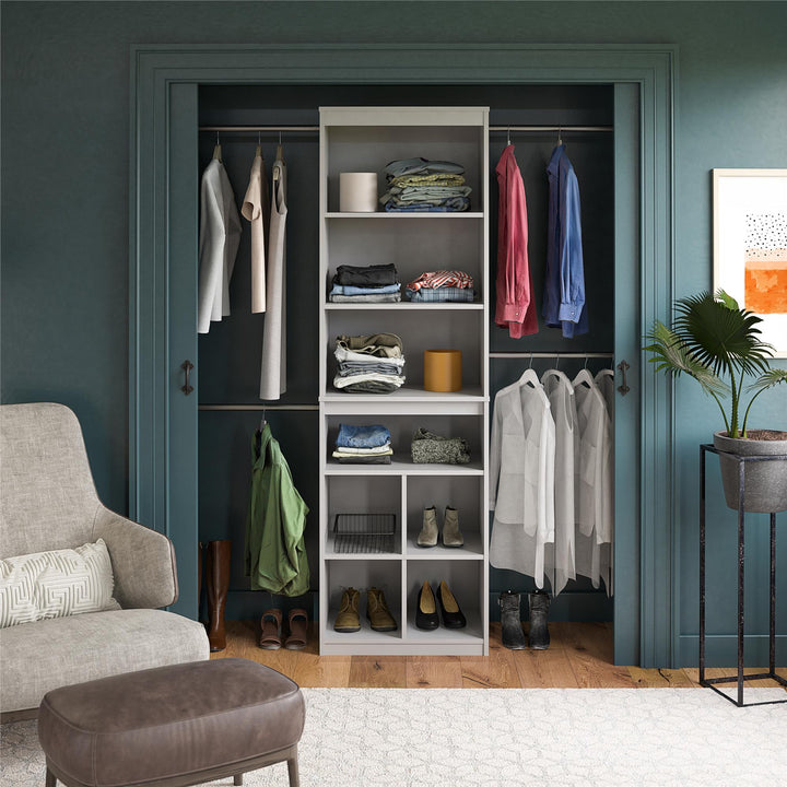Summer Haven Closet Tower with 4 Clothing Rods, 4 Shelves and 4 Cubbies - Dove Gray