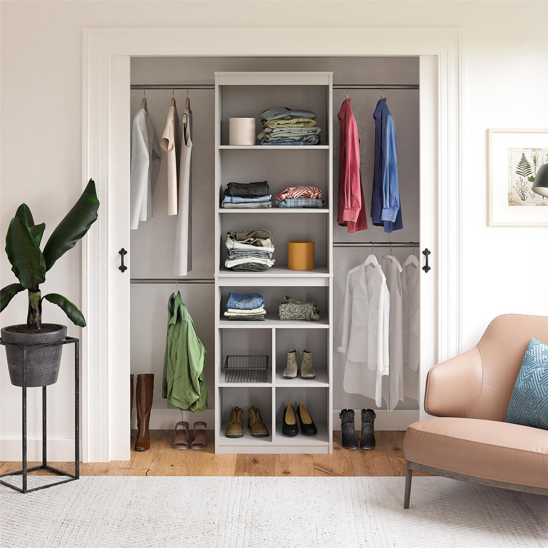 Summer Haven Closet Tower with 4 Clothing Rods, 4 Shelves and 4 Cubbies - Dove Gray