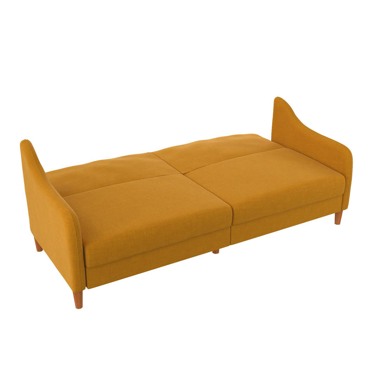 Jasper Coil Futon with Linen or Faux Leather Upholstery and Round Wood Legs - Mustard