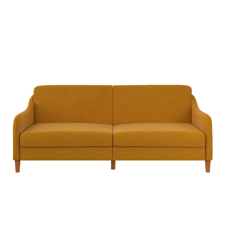 Jasper Coil Futon with Linen or Faux Leather Upholstery and Round Wood Legs - Mustard