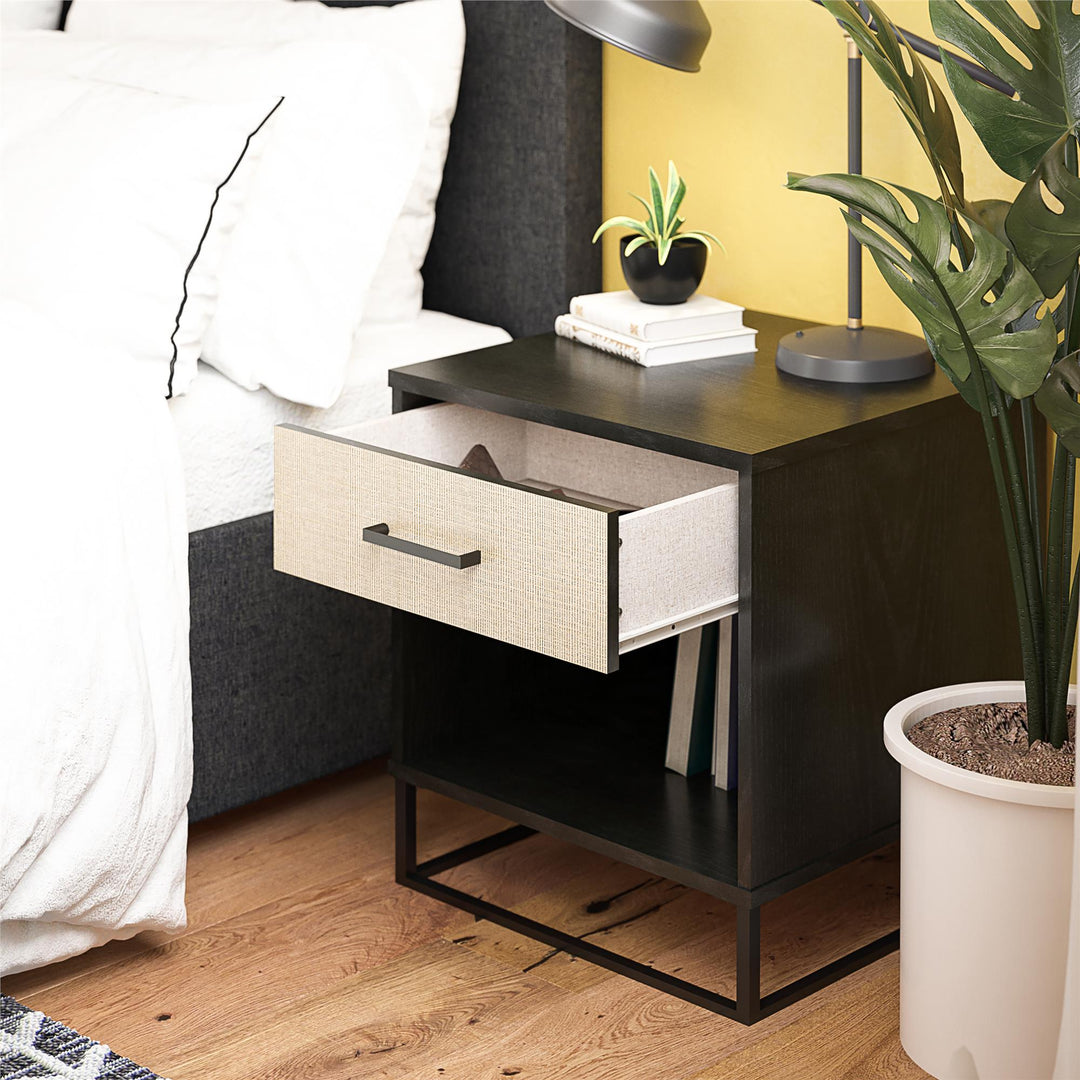 Kelly Nightstand with 1 Drawer and a Black Metal Base - Black Oak