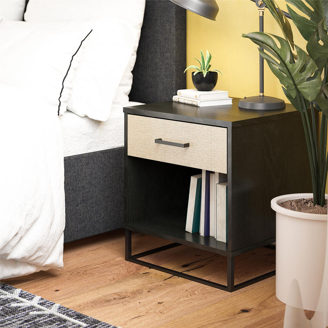 Kelly Nightstand with 1 Drawer and a Black Metal Base - Black Oak