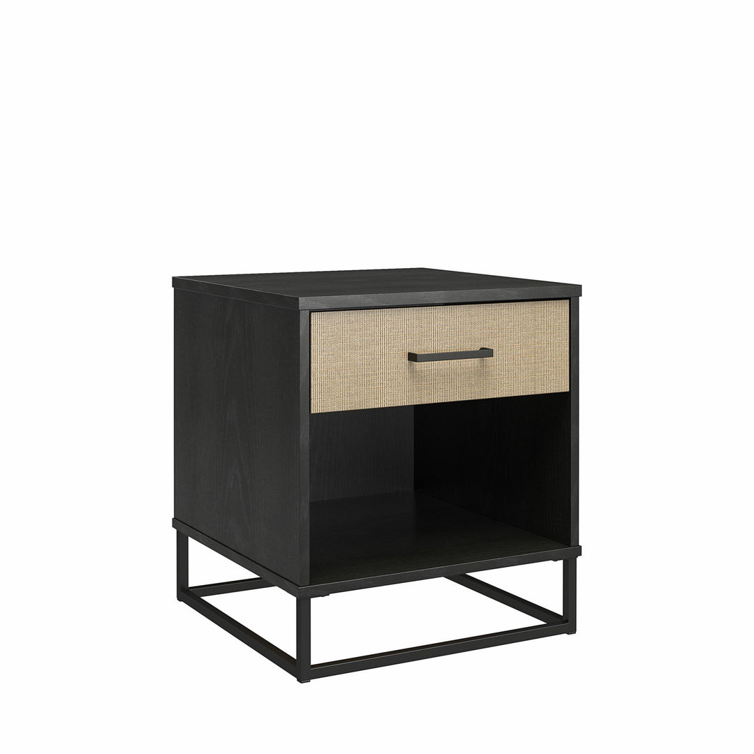 Kelly Nightstand with 1 Drawer and a Black Metal Base - Black Oak