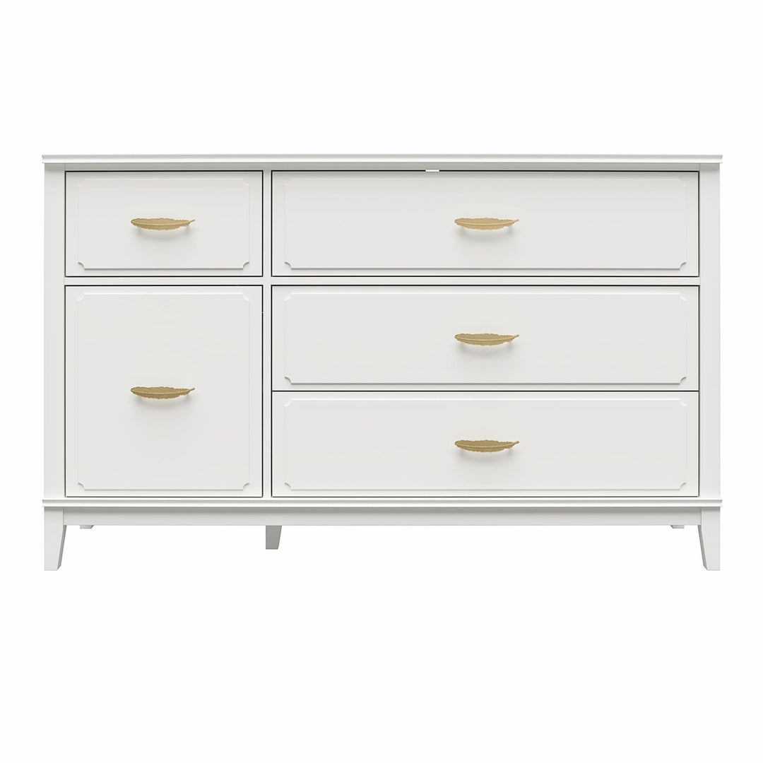 Stella Wide Dresser with 5 Drawers and Gold Feather Drawer Pulls  - White