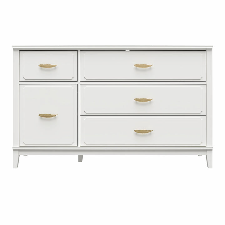 Stella Wide Dresser with 5 Drawers and Gold Feather Drawer Pulls  - White