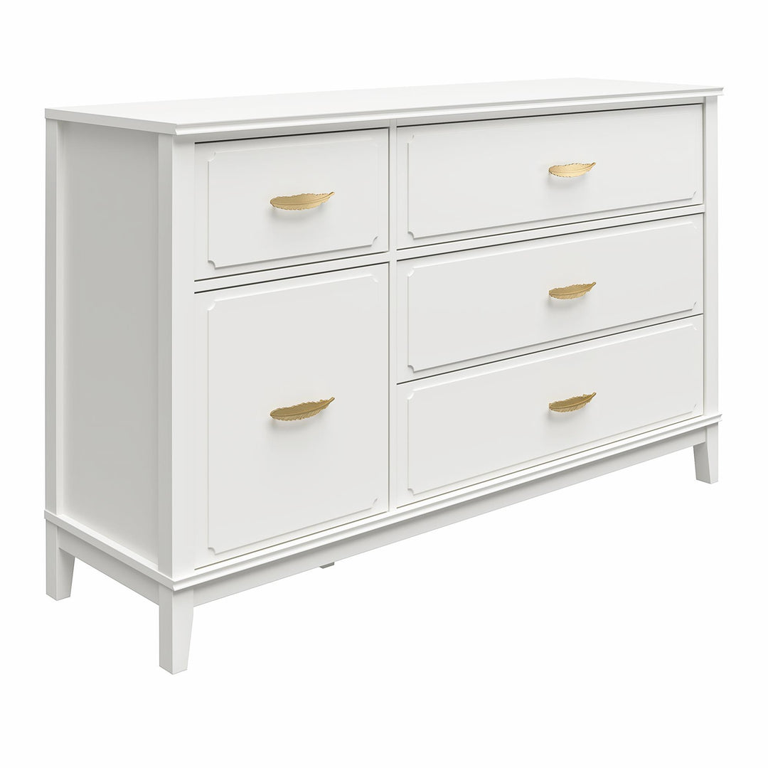 Stella Wide Dresser with 5 Drawers and Gold Feather Drawer Pulls  - White