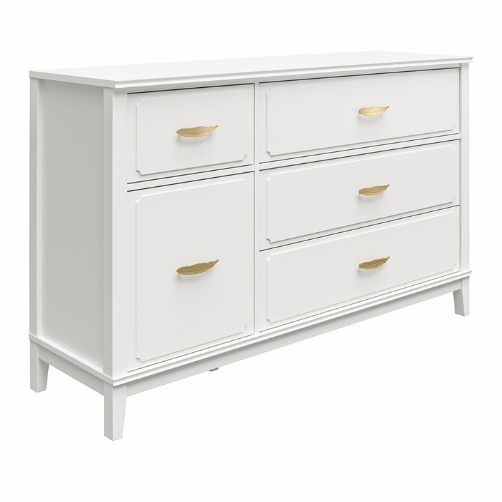Stella Wide Dresser with 5 Drawers and Gold Feather Drawer Pulls  - White