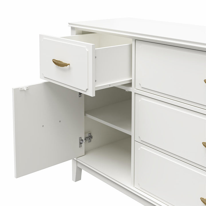 Stella Wide Dresser with 5 Drawers and Gold Feather Drawer Pulls  - White
