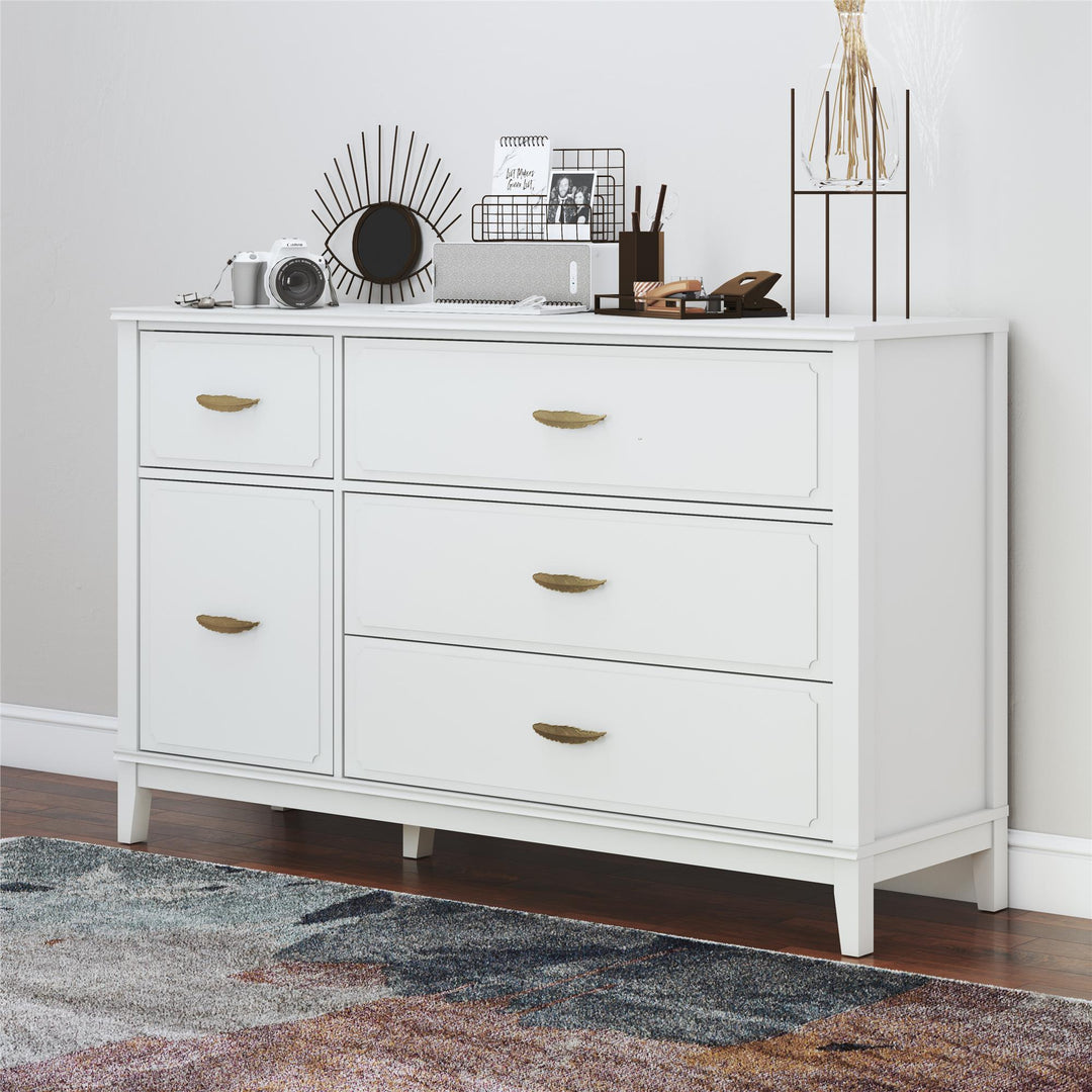 Stella Wide Dresser with 5 Drawers and Gold Feather Drawer Pulls  - White