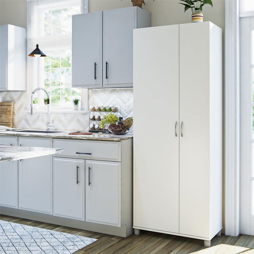 Basin Tall Asymmetrical Storage Cabinet with Adjustable Shelving and Feet - White