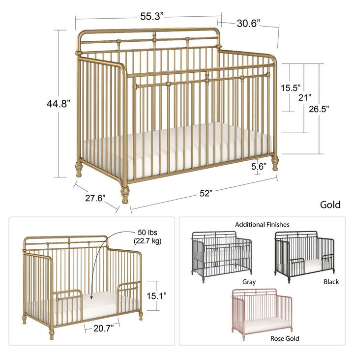 Monarch Hill Hawken 3 in 1 Convertible Metal Crib Adjusts to 3 Heights - Gold