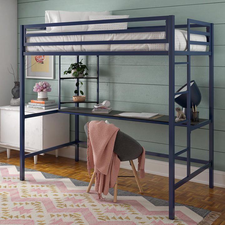 Maxwell Metal Twin Loft Bed with Desk & Shelves - Navy/Black - Twin