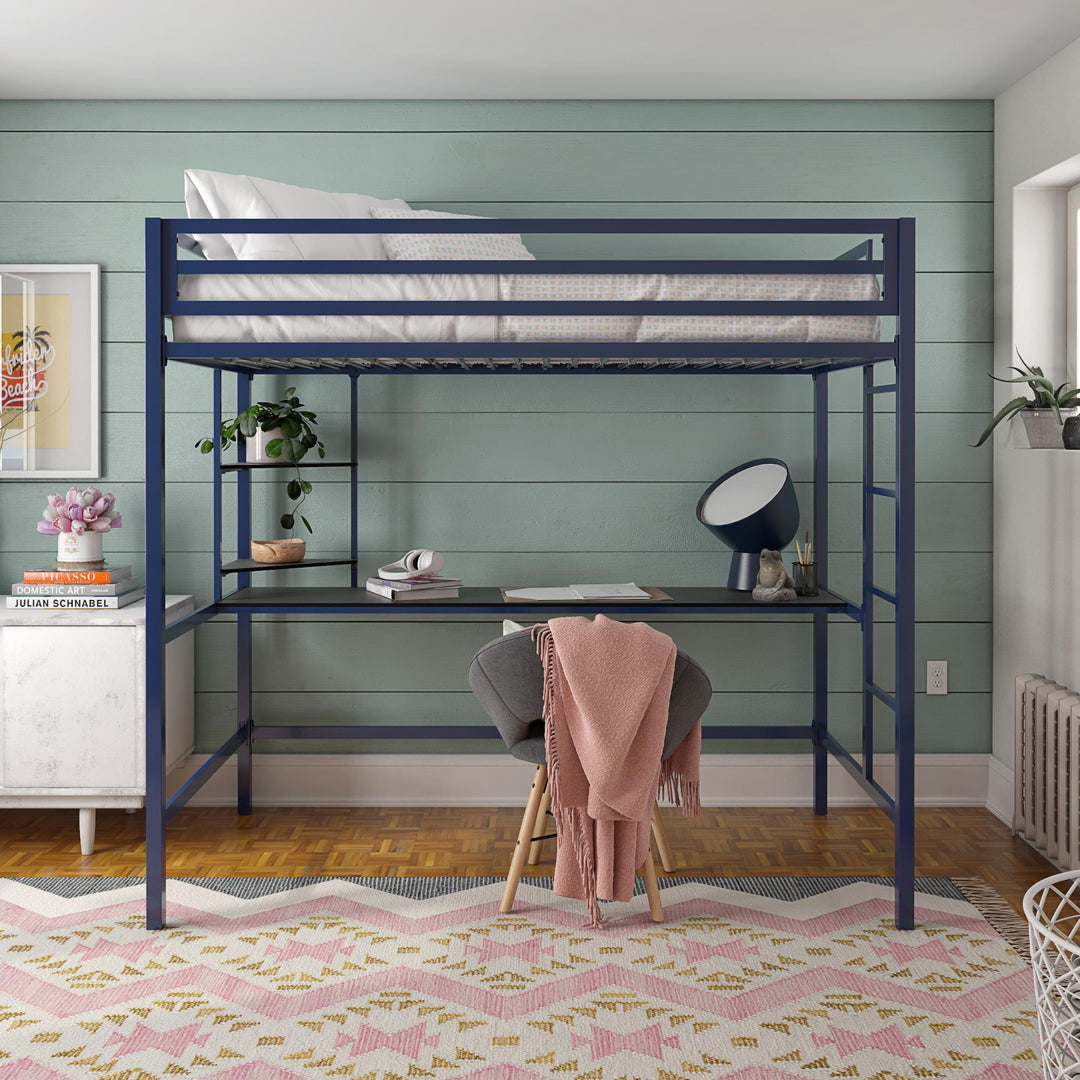 Maxwell Metal Twin Loft Bed with Desk & Shelves - Navy/Black - Twin