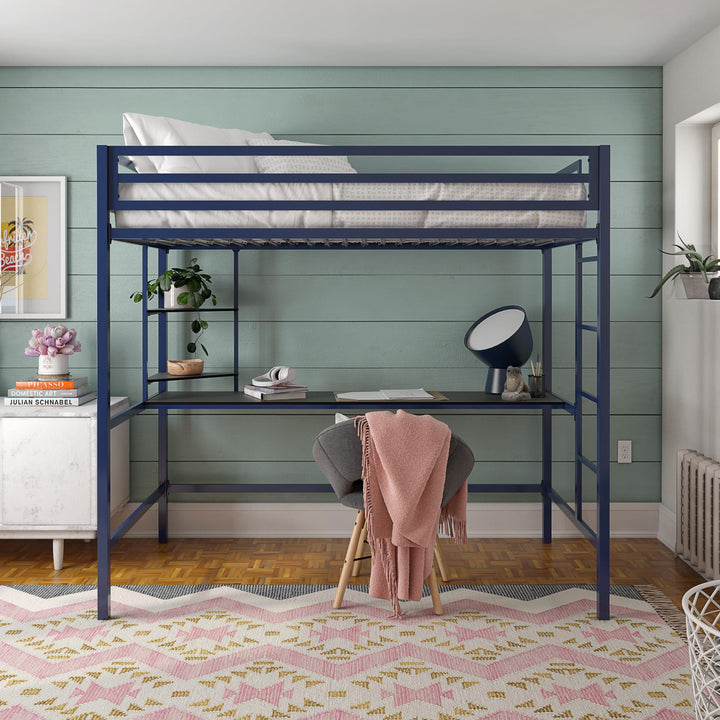 Maxwell Metal Twin Loft Bed with Desk & Shelves - Navy/Black - Twin