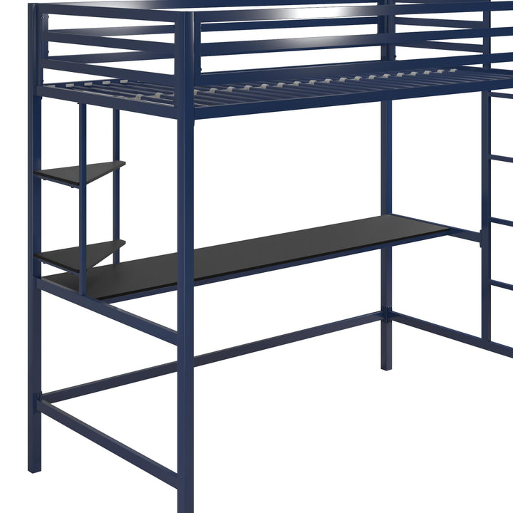 Maxwell Metal Twin Loft Bed with Desk & Shelves - Navy/Black - Twin