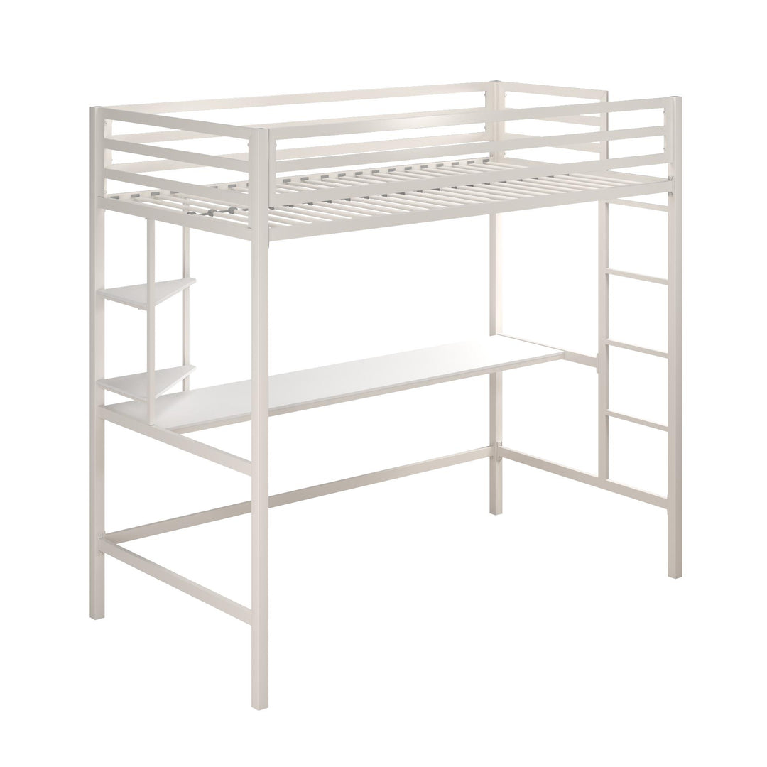 Maxwell Metal Twin Loft Bed with Desk & Shelves - White - Twin