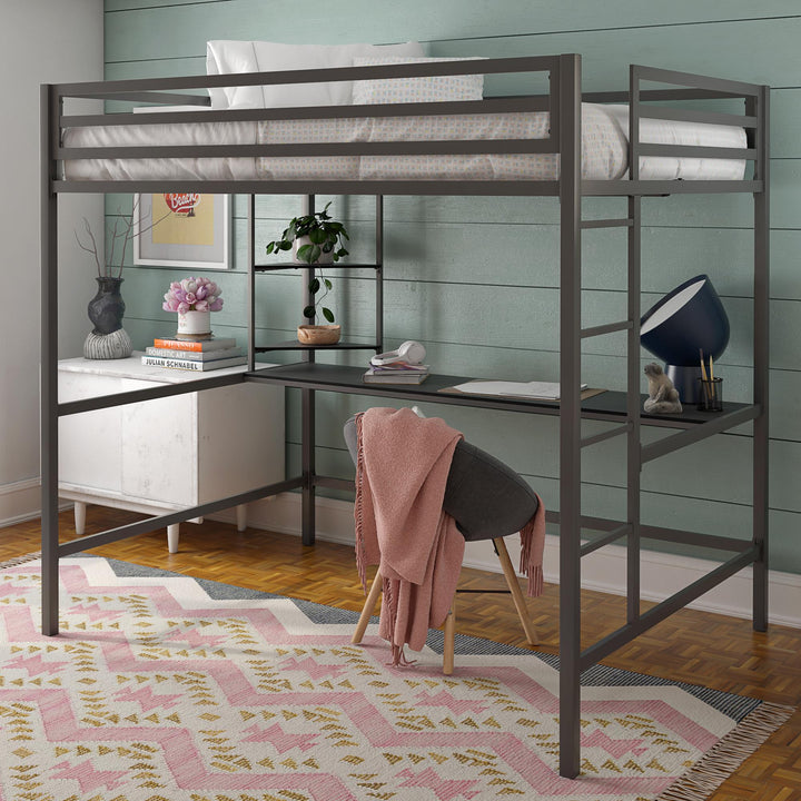 Maxwell Metal Full Loft Bed with Desk & Shelves - Gray - Full