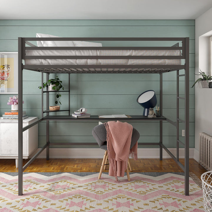 Maxwell Metal Full Loft Bed with Desk & Shelves - Gray - Full