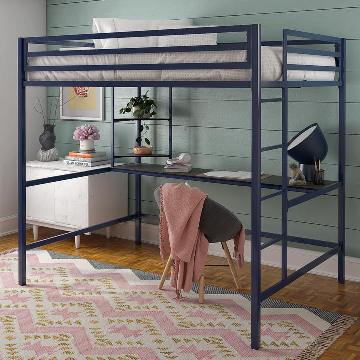 Maxwell Metal Full Loft Bed with Desk & Shelves - Navy - Full