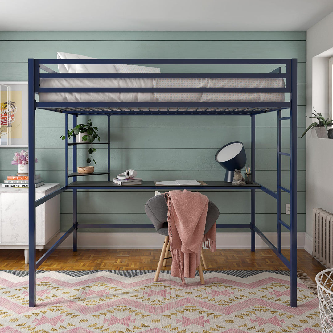 Maxwell Metal Full Loft Bed with Desk & Shelves - Navy - Full