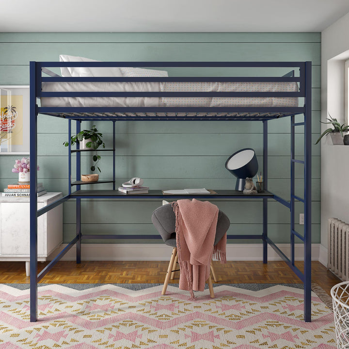 Maxwell Metal Full Loft Bed with Desk & Shelves - Navy - Full