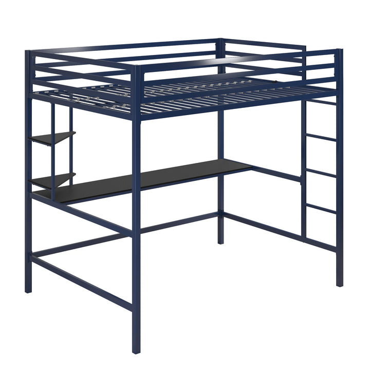 Maxwell Metal Full Loft Bed with Desk & Shelves - Navy/Black - Full
