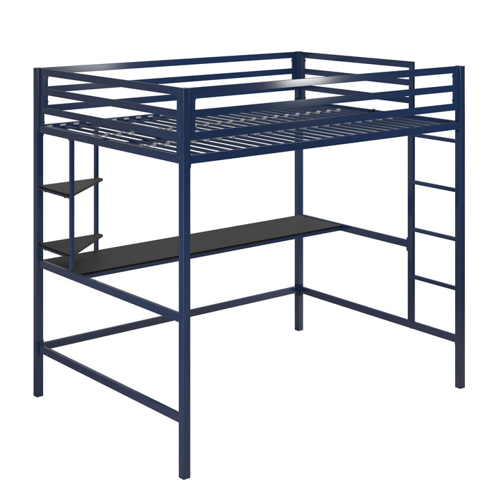 Maxwell Metal Full Loft Bed with Desk & Shelves - Navy - Full
