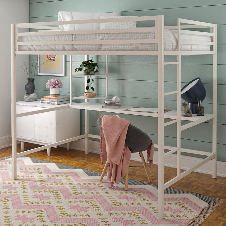 Maxwell Metal Full Loft Bed with Desk & Shelves - White - Full