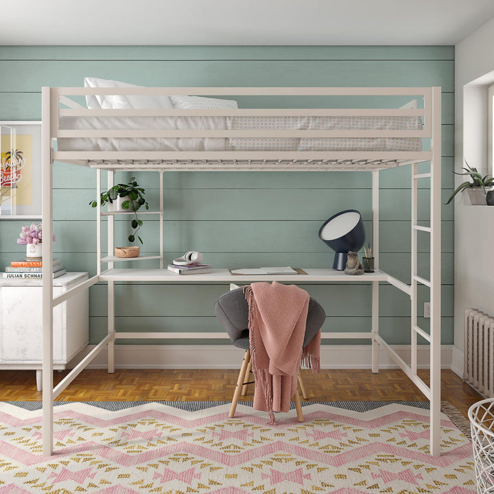 Maxwell Metal Full Loft Bed with Desk & Shelves - White - Full
