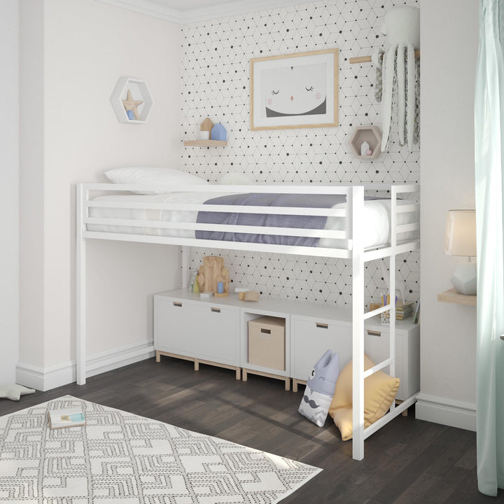 Miles Metal Junior Twin Loft Bed with Integrated Ladder - White - Twin