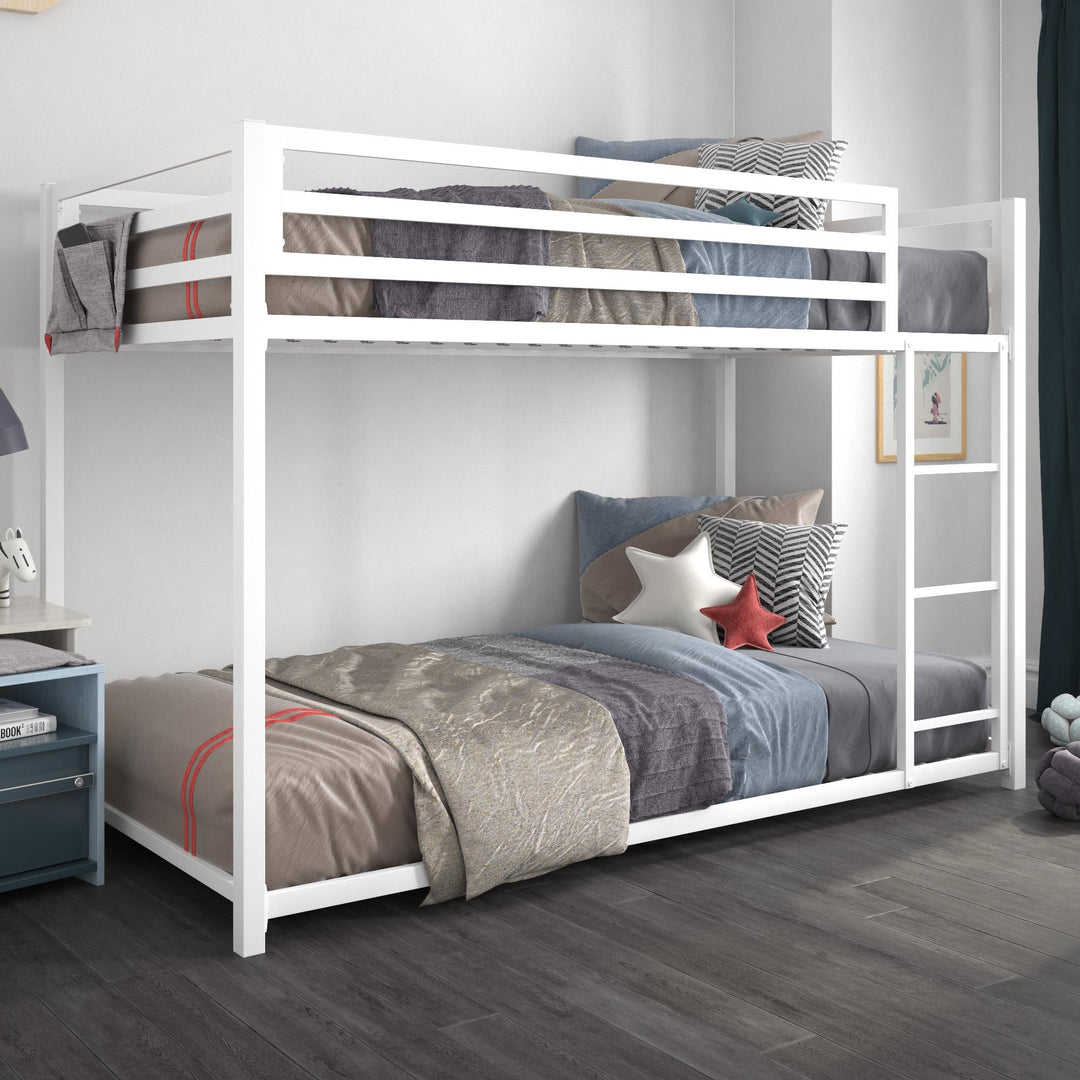 Stylish Twin Over Twin Metal Bunk Bed -  White  - Twin-Over-Twin