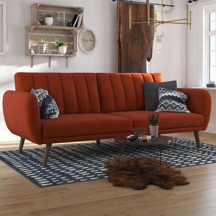 Brittany Futon with Vertical Channel Tufting and Curved Armrests - Orange
