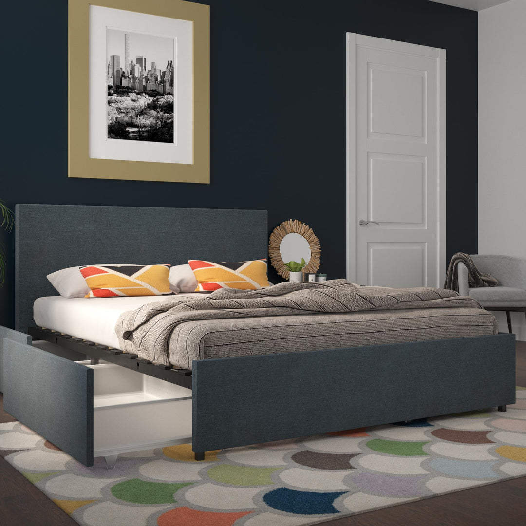 Upholstered Bed with Drawers and Storage -  Navy 