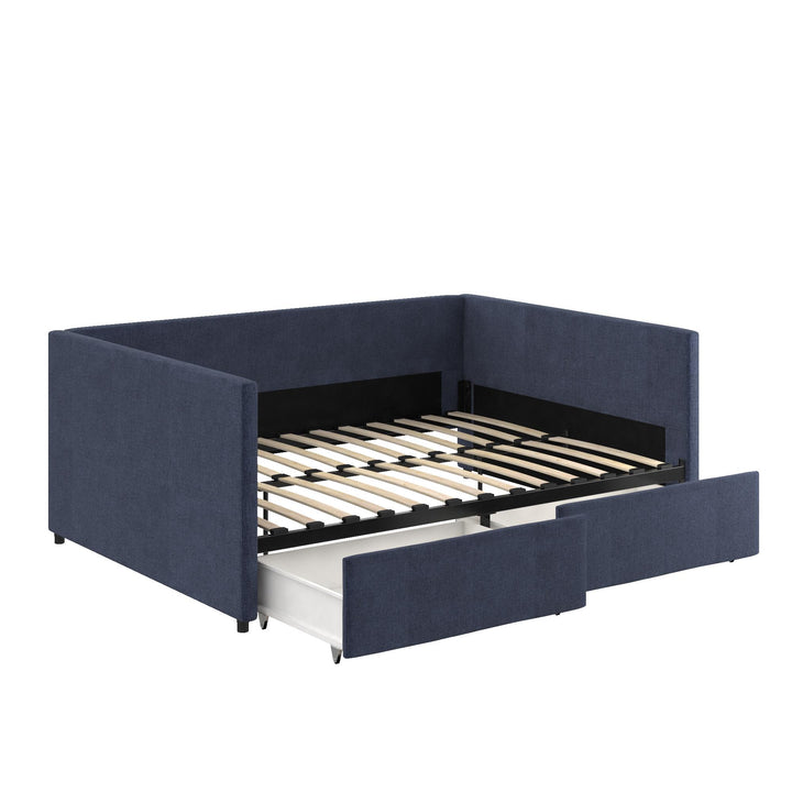 Upholstered Daybed with Wooden Slats and Storage Drawers - Blue Linen - Full