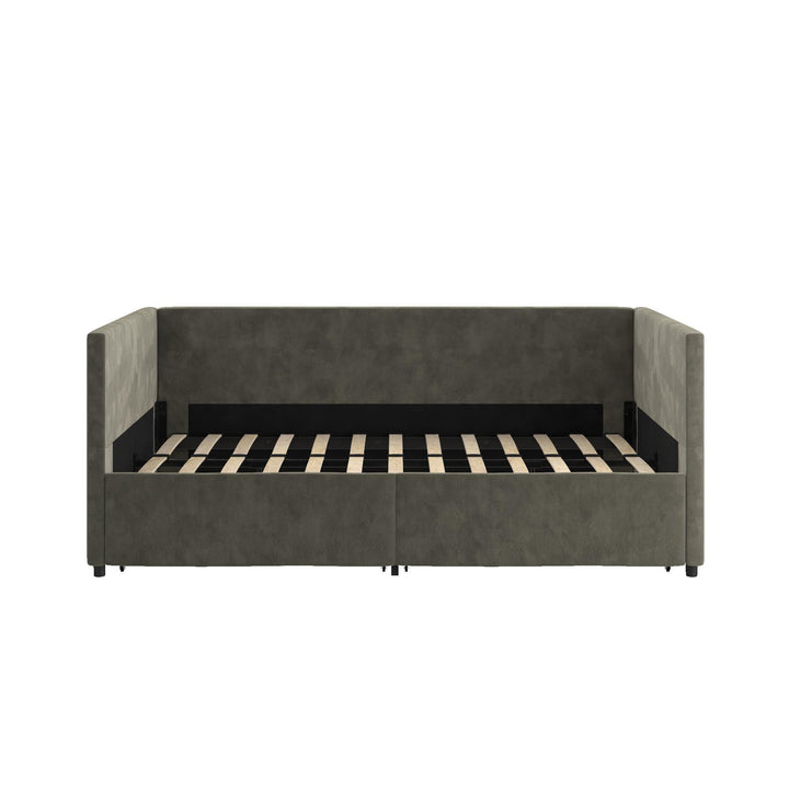 Upholstered Daybed with Wooden Slats and Storage Drawers - Gray - Twin