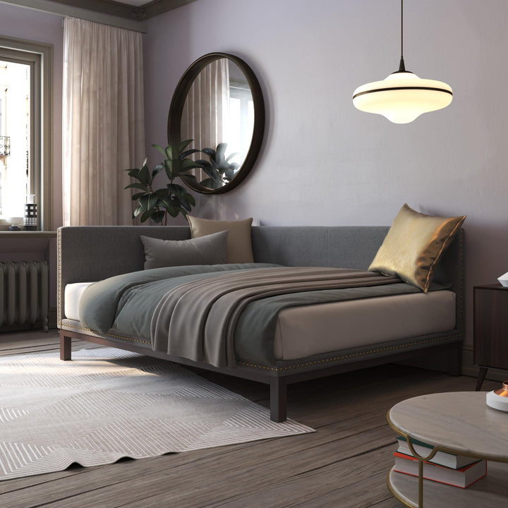 Mid Century Upholstered Modern Daybed with Horizontal Tufted Headboard - Gray - Queen