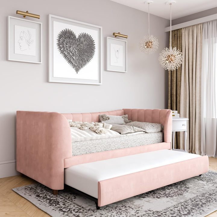 Valentina Upholstered Daybed with Trundle and Vertical Stitching - Pink - Twin