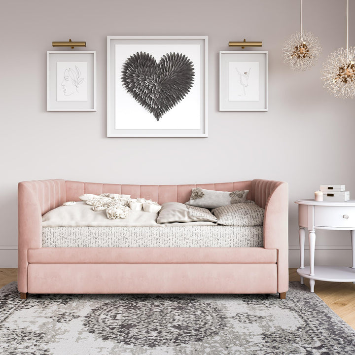 Valentina Upholstered Daybed with Trundle and Vertical Stitching - Pink - Twin