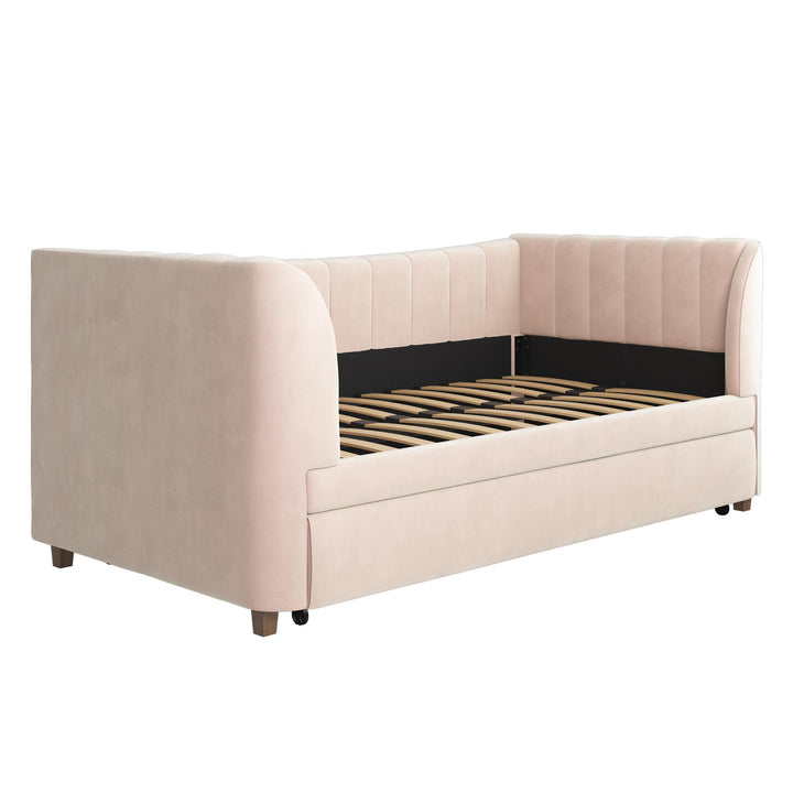 Valentina Upholstered Daybed with Trundle and Vertical Stitching - Pink - Twin