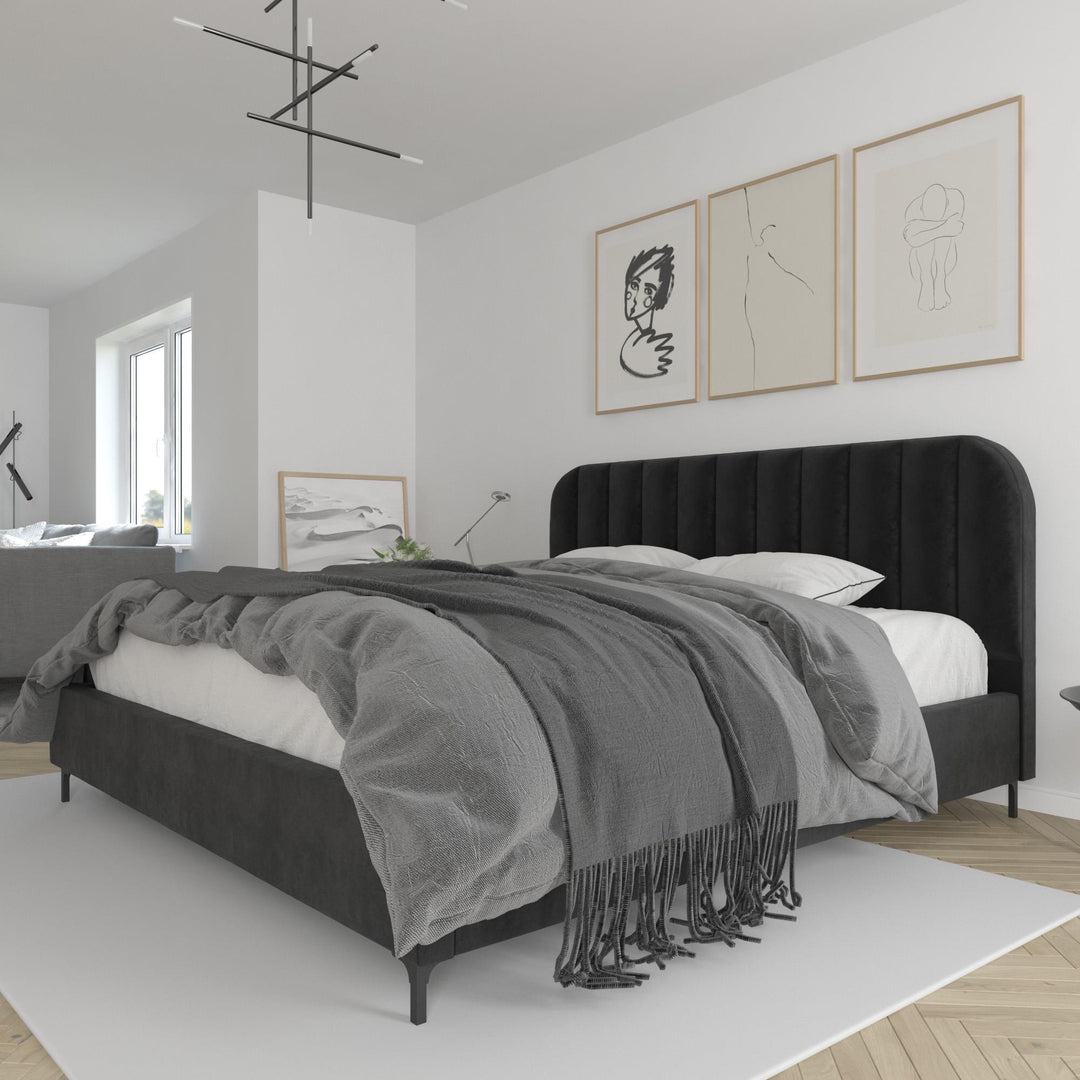 Callie Velvet Upholstered Bed with Wood Frame and Slats - Black - King