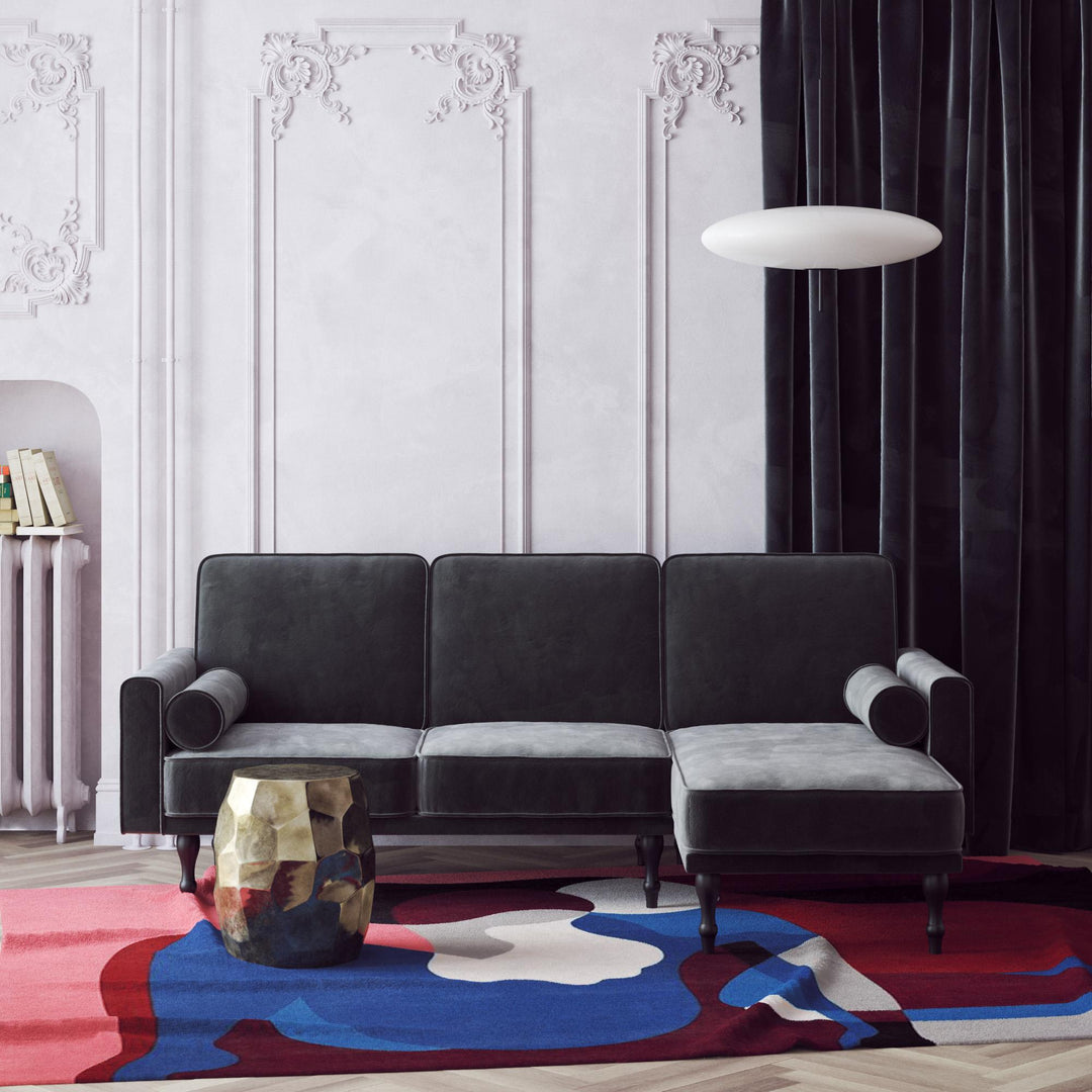 Edison Velvet Upholstered Small Space Reversible Sectional Futon - Gray