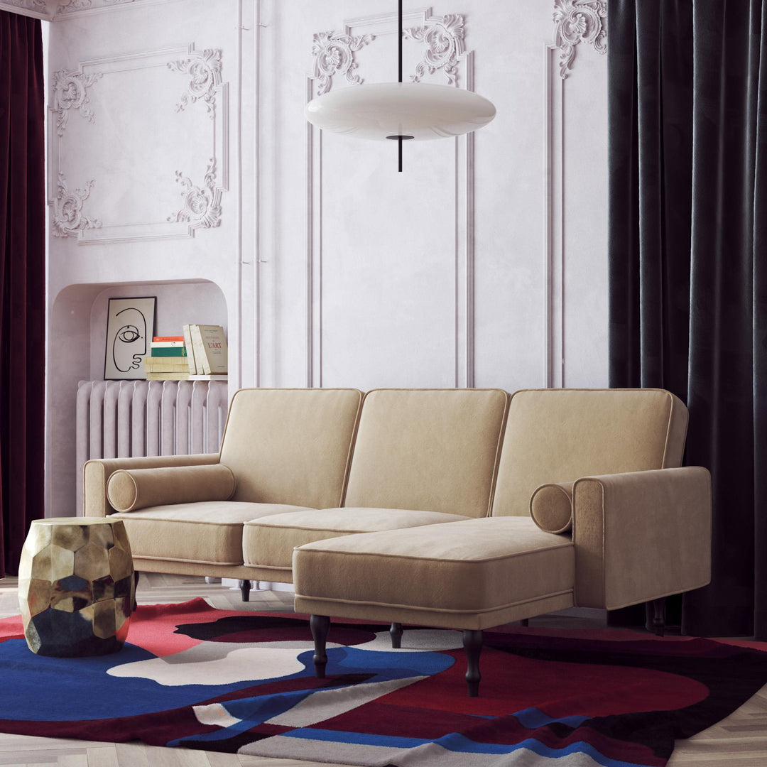 Edison Velvet Upholstered Small Space Reversible Sectional Futon - Tan