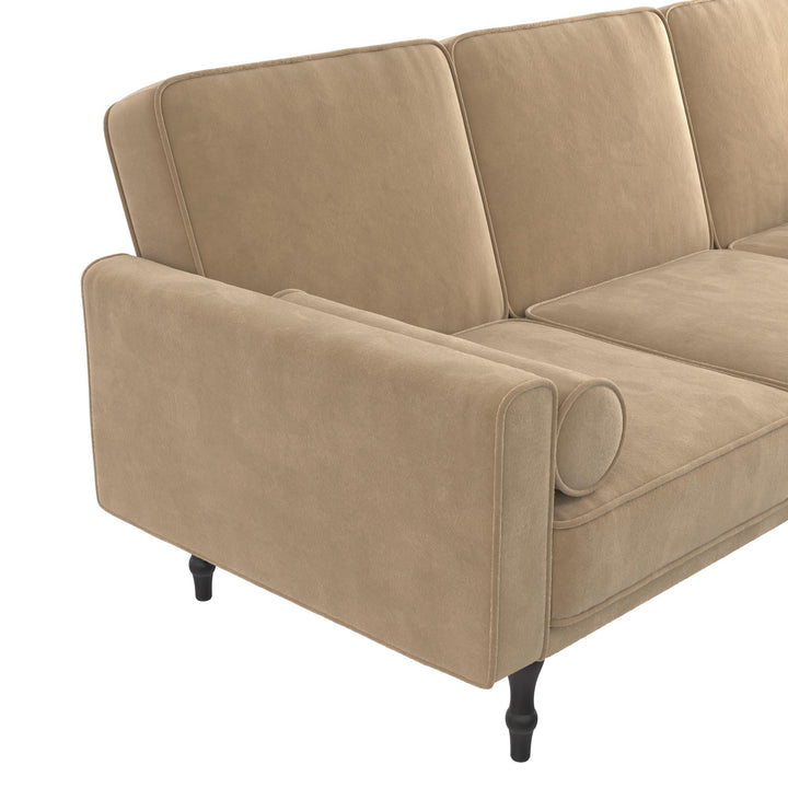Edison Velvet Upholstered Small Space Reversible Sectional Futon - Tan