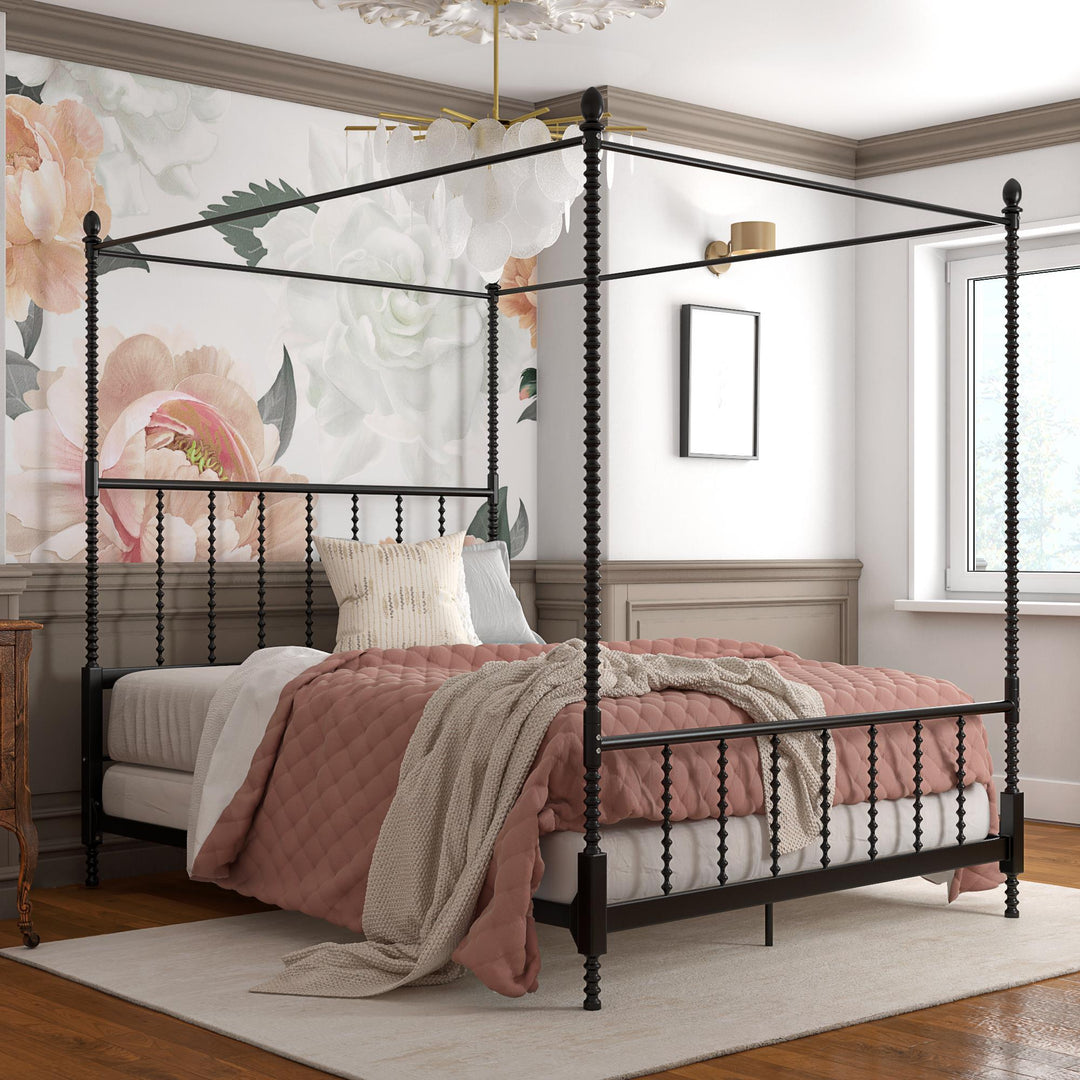 Metal Canopy Bed with Twist Spindles -  Black  -  Queen