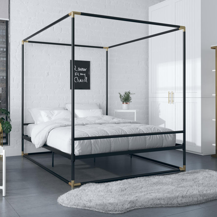 Celeste Canopy Metal Bed with Gold Electroplated Connectors. - Black - Full