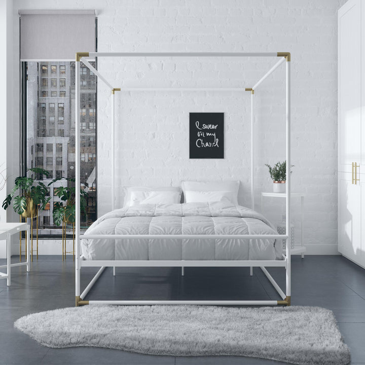 Celeste Glam Canopy Metal Bed With Matte Gold Connectors - White - Queen