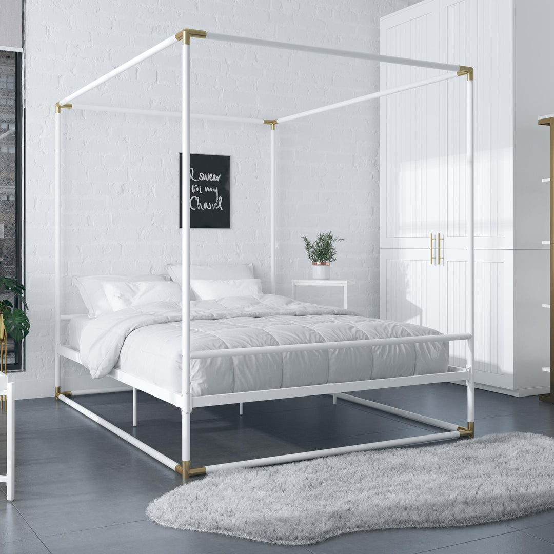 Celeste Glam Canopy Metal Bed With Matte Gold Connectors - White - Queen