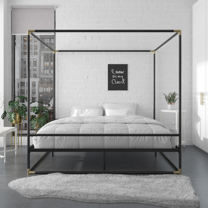 Celeste Canopy Metal Bed with Gold Electroplated Connectors. - Black - King