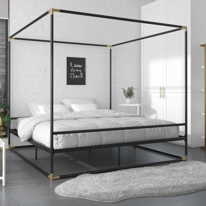 Celeste Canopy Metal Bed with Gold Electroplated Connectors. - Black - King